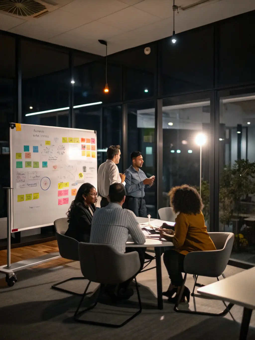 A diverse group of professionals participating in a hybrid workshop session, discussing policy challenges and technological solutions in a modern classroom setting. The scene emphasizes collaboration and engagement.