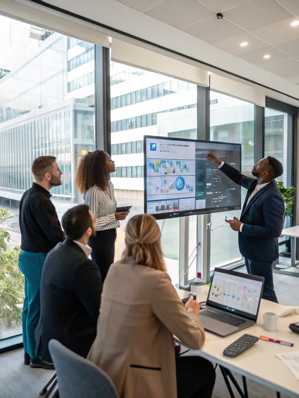 Participants in an immersive simulation exercise, working together to address a crisis scenario in a high-tech simulation center. The atmosphere is intense and focused.