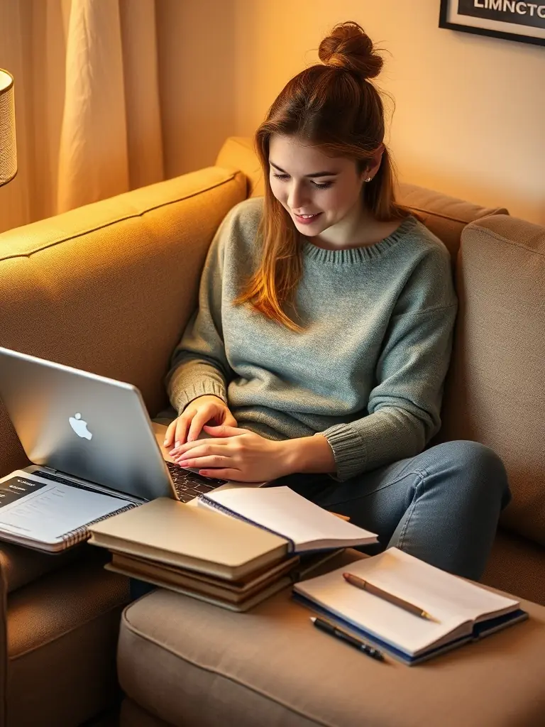 A student attentively watching an online lecture on a laptop, with graphics illustrating global policy trends and data analysis. The setting is a comfortable home office.