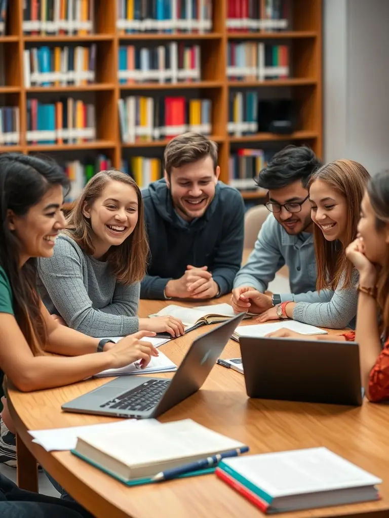 A group of international students collaborating on a project, using digital tools and resources in a modern library setting. The scene showcases diversity and teamwork.